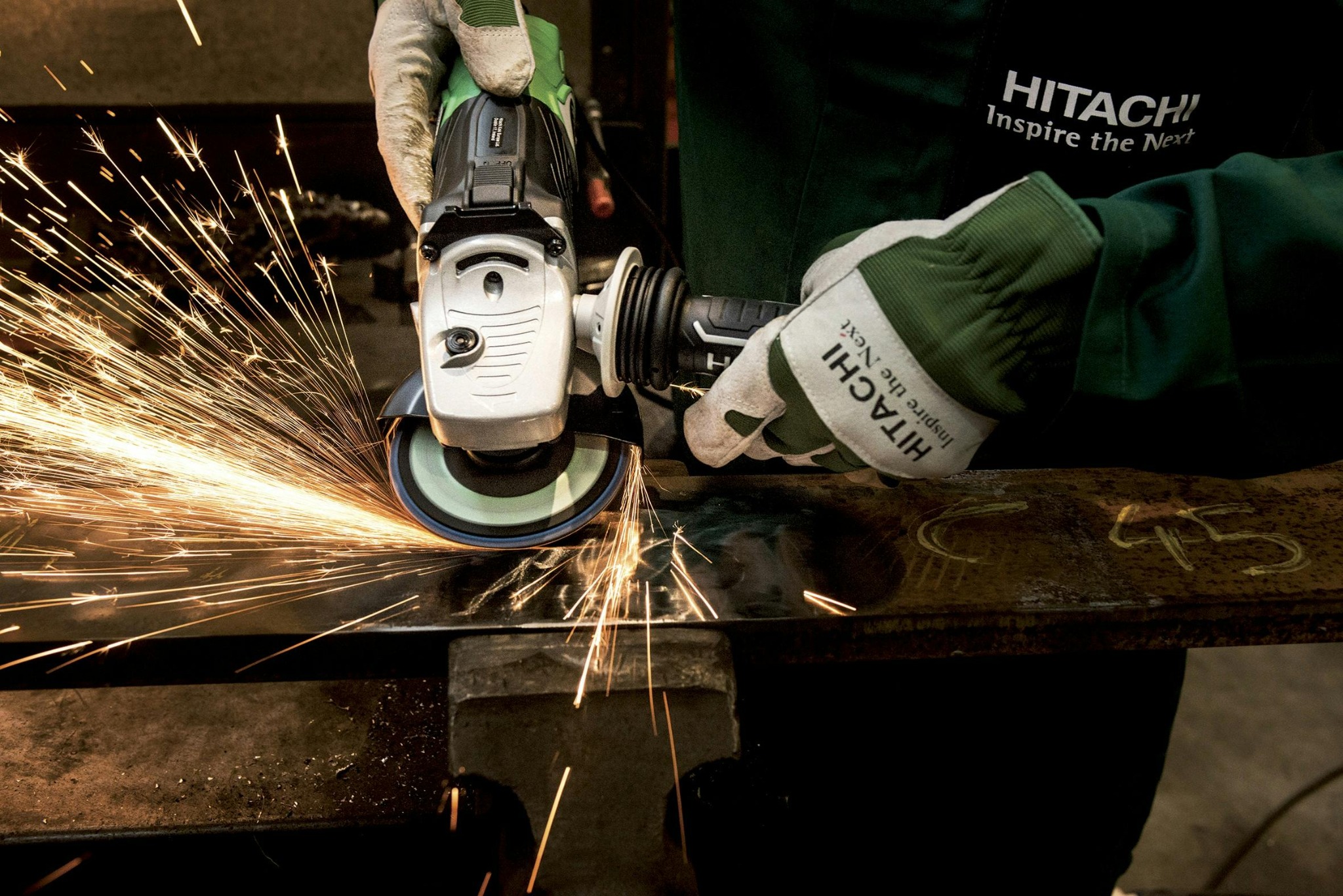 Detailed shot of an angle grinder cutting steel with sparks
